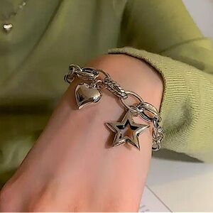 Sterling Silver Heart Star Charm Chain Link Bracelet